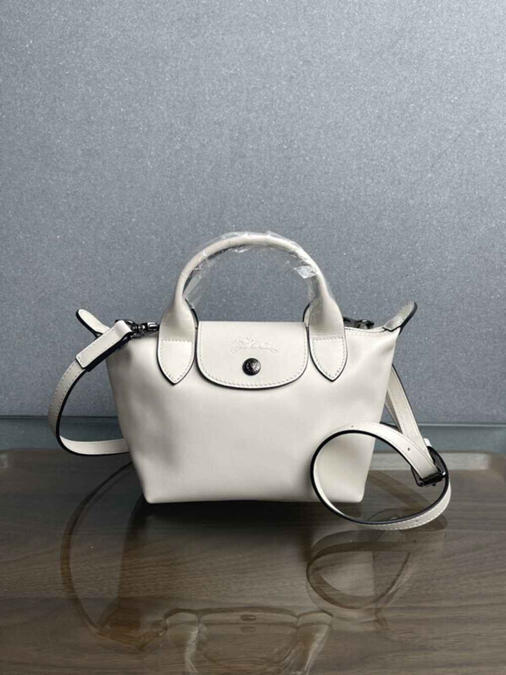 Longchamp Women's White Mini Le Pliage Leather Top Handle Bag Purse Crossbody